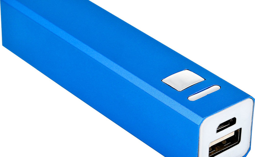 Power bank 2200 mAh, kolor niebieski, czarny i szary.