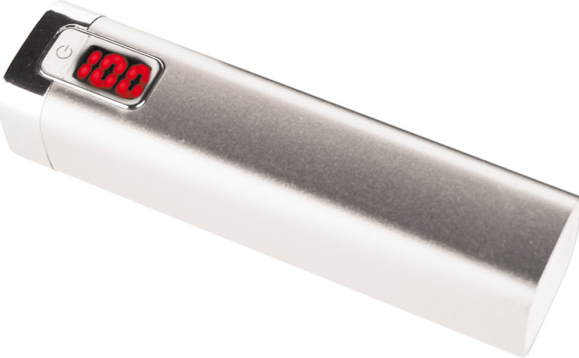 Power bank 2600 mAh, kolor szary, czarny i niebieski.